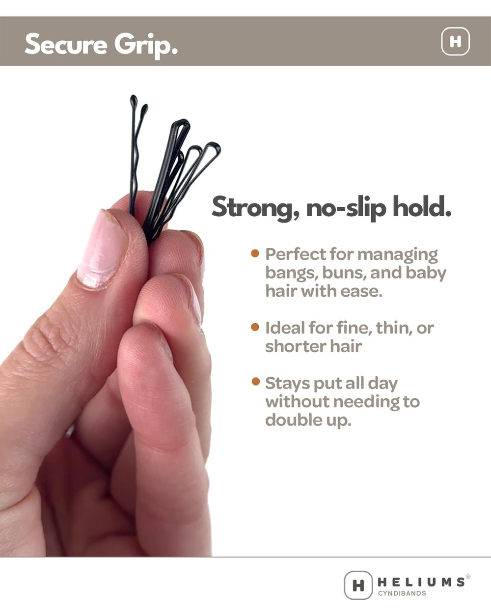 Pinza Heliums para flequillo con agarre seguro.