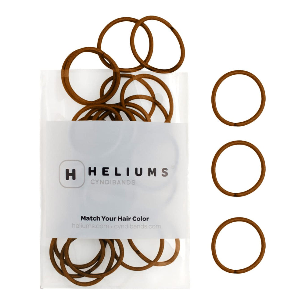 Heliums small hair ties pack shot in brown showing 48-elastic pack for versatile styles.