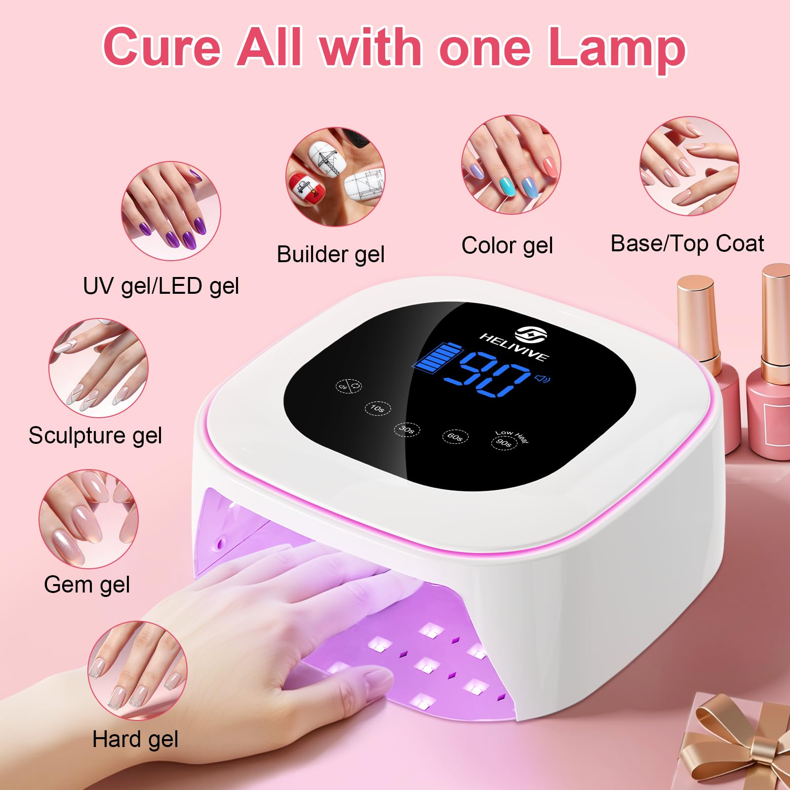 HELIVIVE Long-life battery enables cordless nail sessions anywhere.