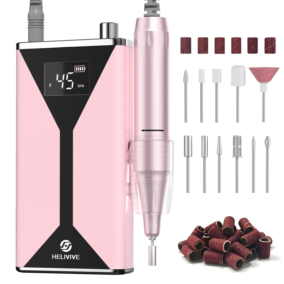HELIVIVE nail drill front view highlights compact design for precise shaping and on-the-go use.