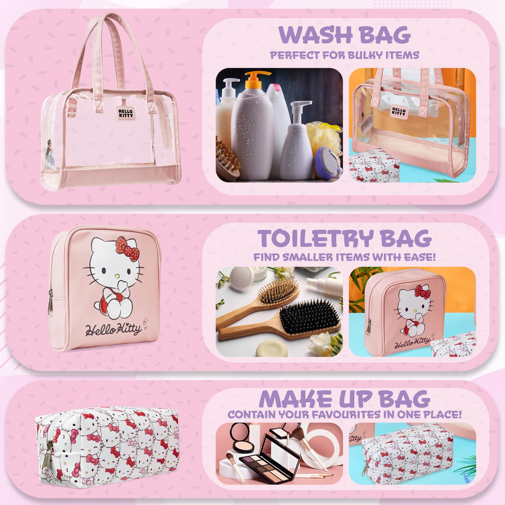 Hello Kitty 3-piece bag set shown together for organized travel