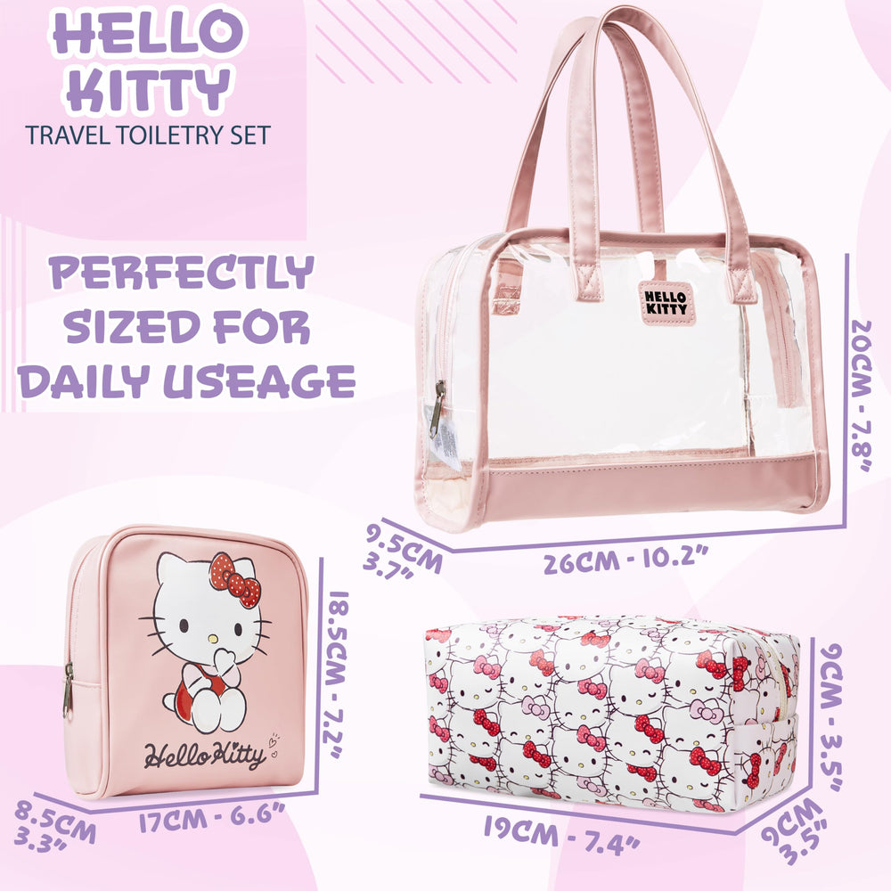 Hello Kitty travel cosmetics bag set laid out for packing efficiency