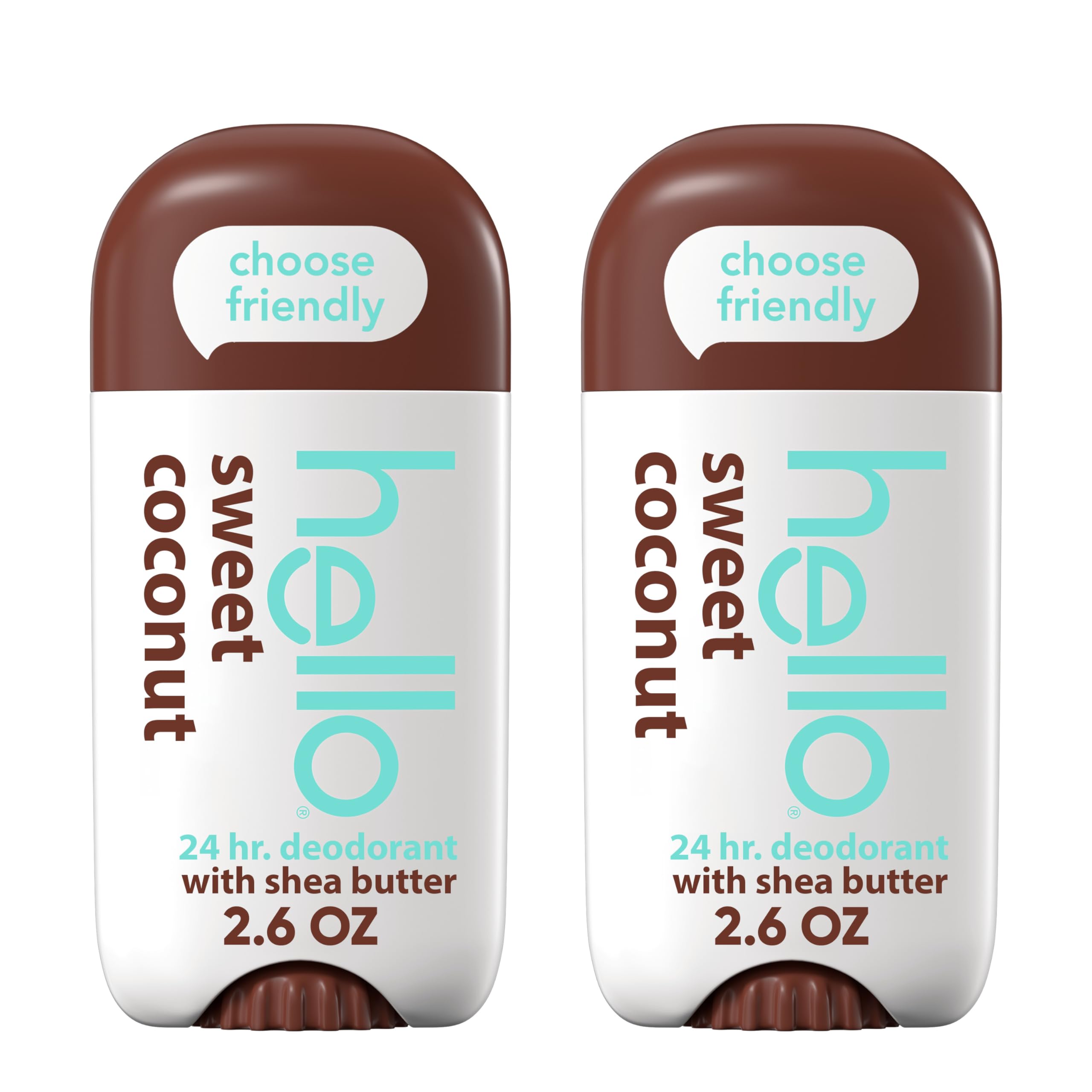 Hello Sweet Coconut deodorant stick front view, aluminum-free protection for all-day freshness.
