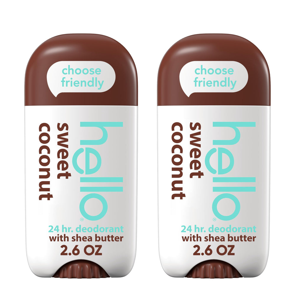 Hello Sweet Coconut deodorant stick front view, aluminum-free protection for all-day freshness.
