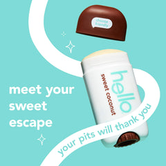 Hello Sweet Coconut deodorant stick side view, compact and convenient for daily use.