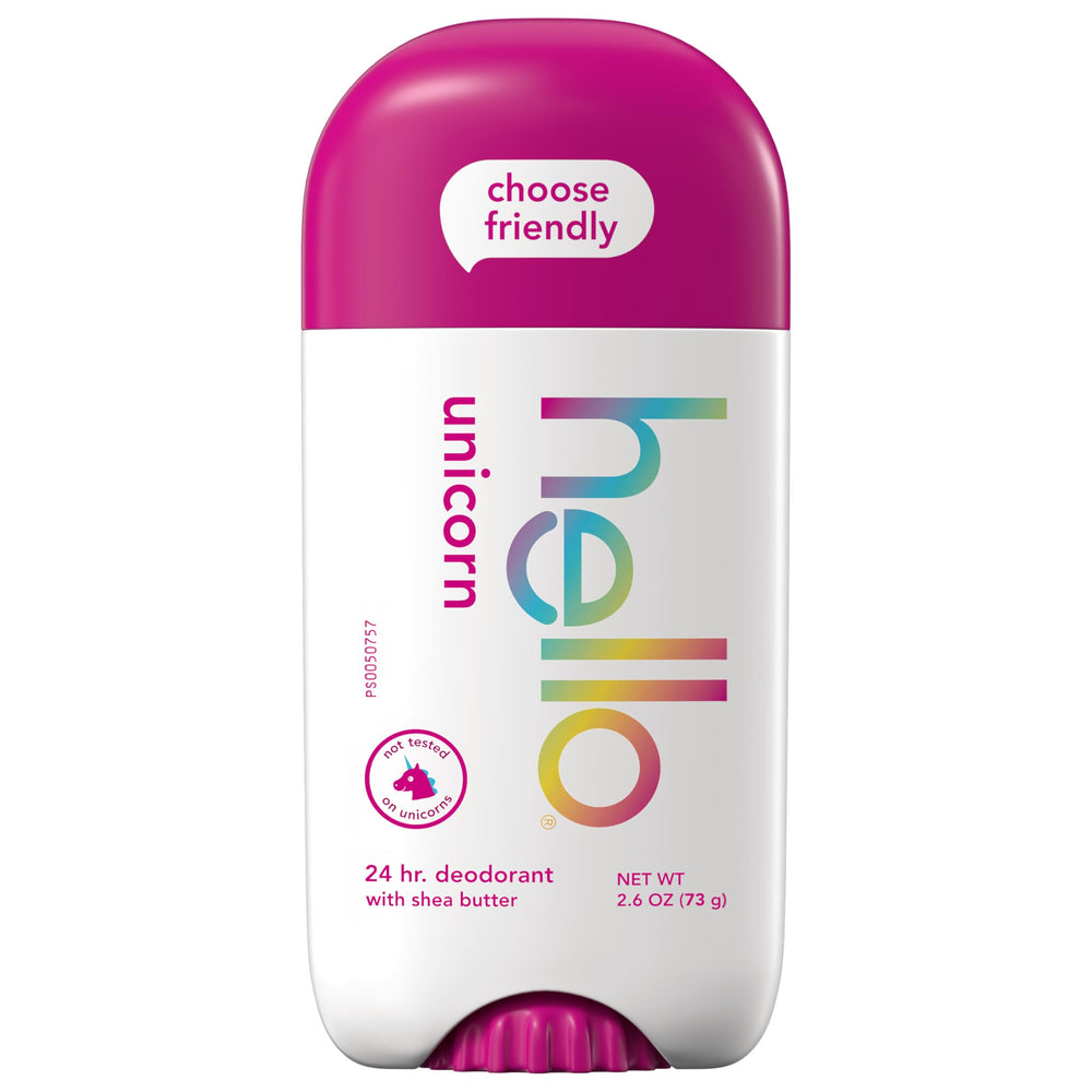 Minimalist Hello branding on a clean deodorant stick