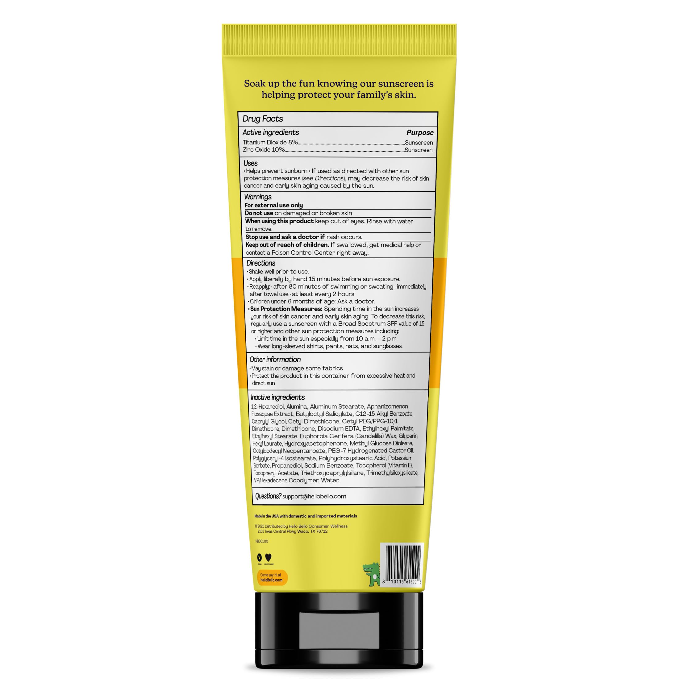 Hello Bello Kids Mineral Sunscreen, empaque resistente al agua hasta 80 minutos