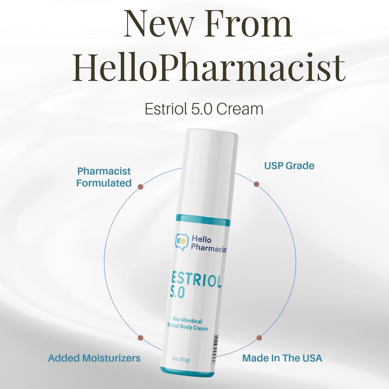 HelloPharmacist estriol 5.0 label detail communicates ingredients and safety assurances.