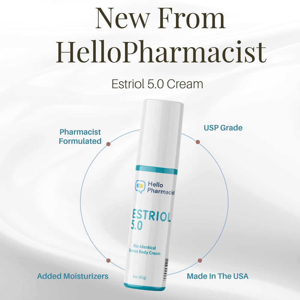 HelloPharmacist estriol 5.0 label detail communicates ingredients and safety assurances.
