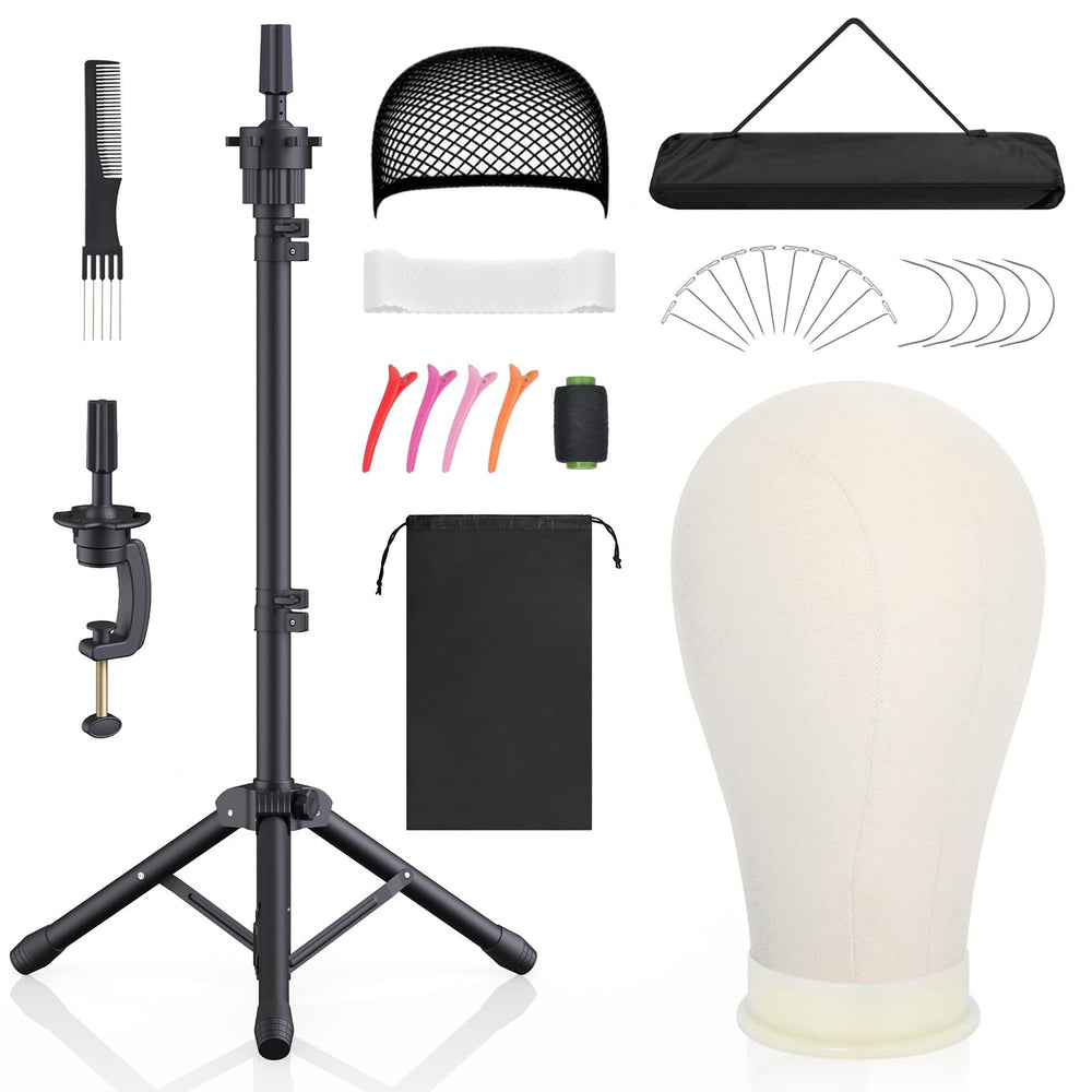 Hemndic wig stand with head for stable styling and display.