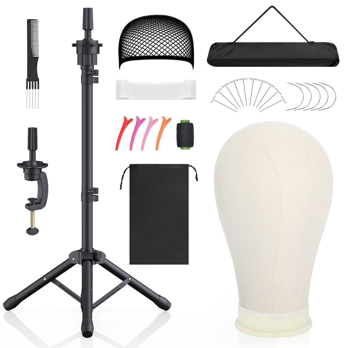 Hemndic wig stand with head for stable styling and display.