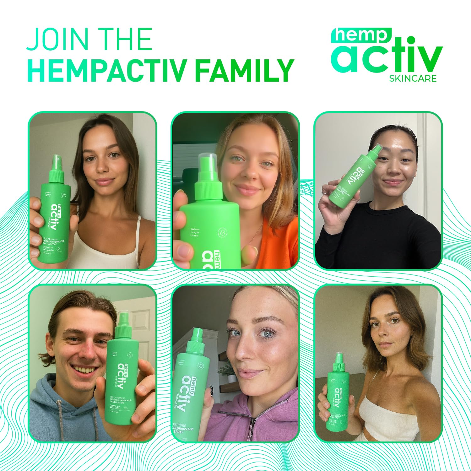 HEMPACTIV HOCl face mist applied to skin for gentle cleansing and balance.