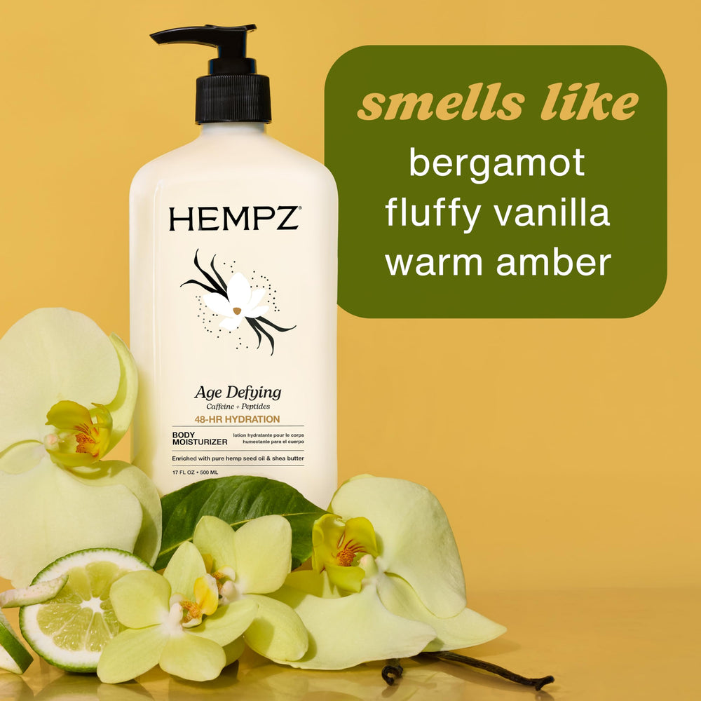 Hempz Age-Defy pump bottle in a bathroom setting supports daily hydration.