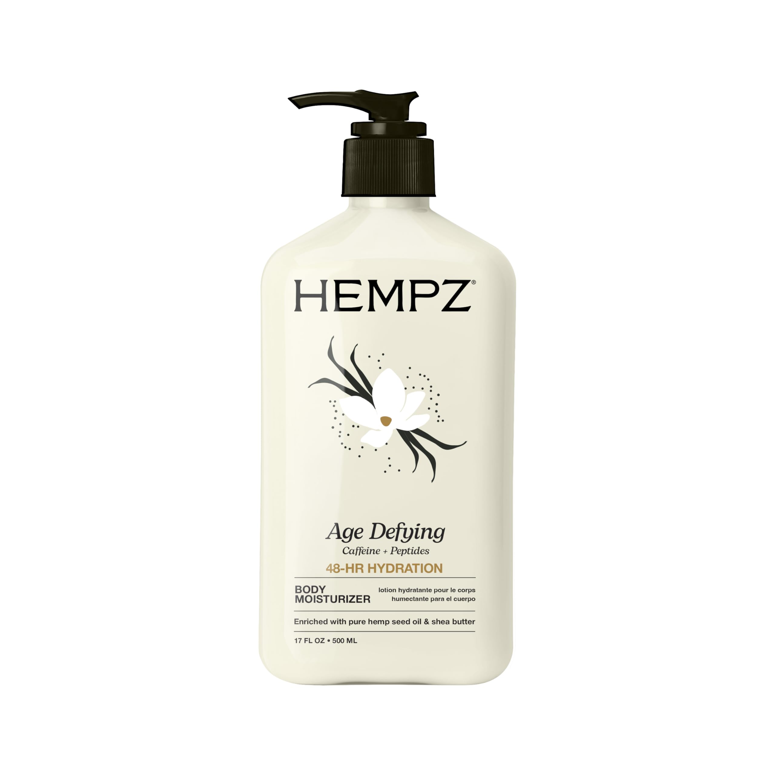 Hempz Age-Defy Body Lotion 17 oz bottle demonstrates fast absorption on dry skin.