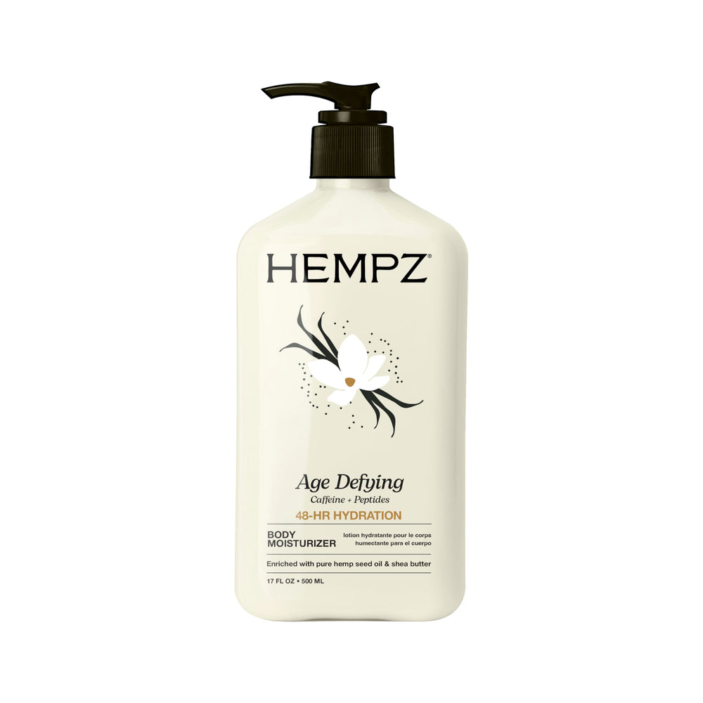 Texture close-up of Hempz Age-Defy Lotion reveals creamy, non-greasy hydration.