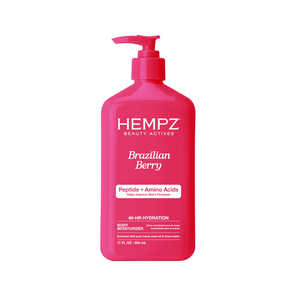 Hempz loción de bayas brasileñas en bote, hidratación profunda para la piel.