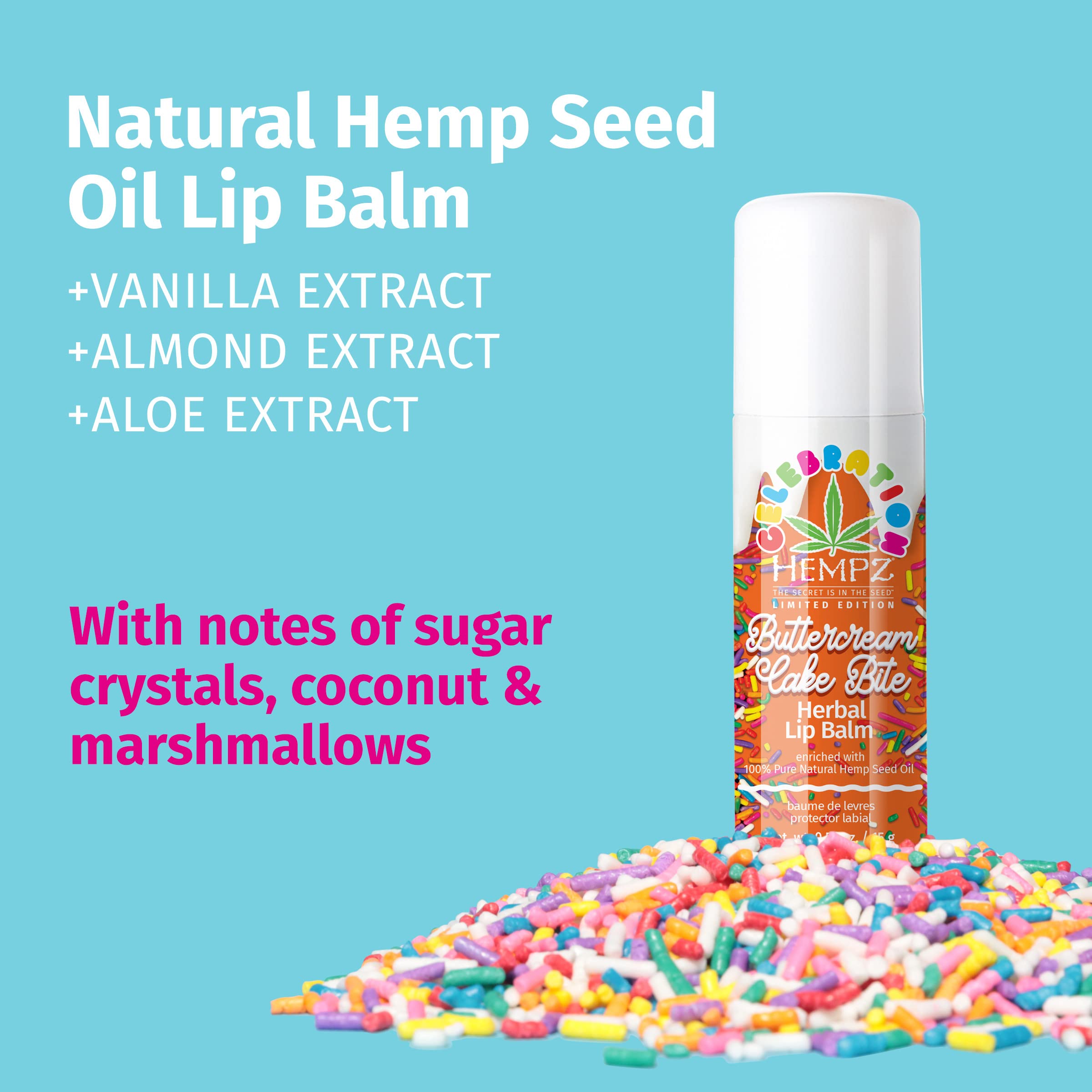 Hempz Buttercream Cake Lip Balm scent closeup with vanilla and almond notes