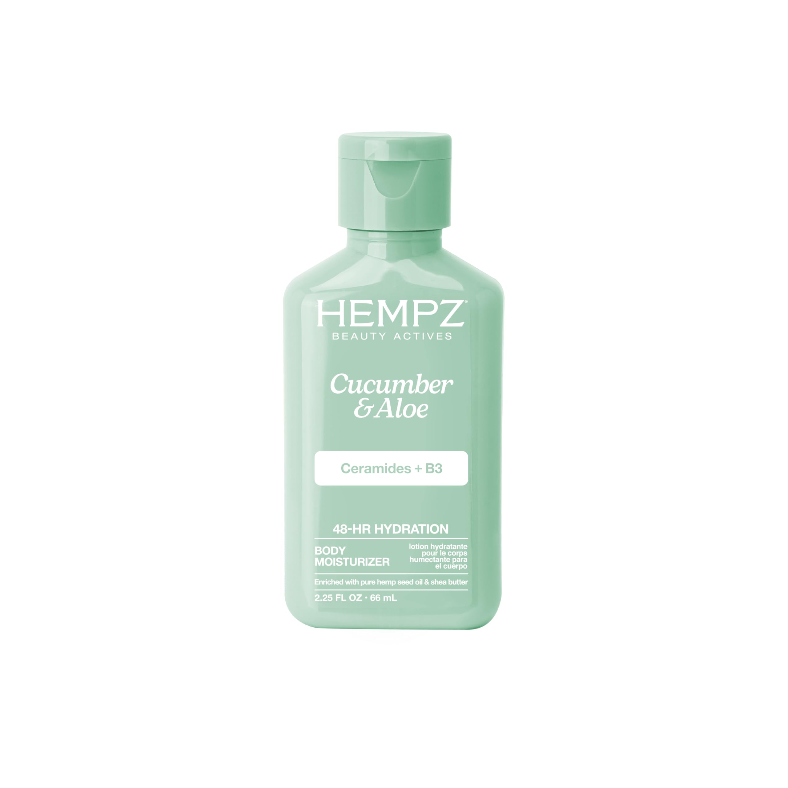 Hempz crema corporal pepino aloe, frasco frontal para hidratación diaria suave.