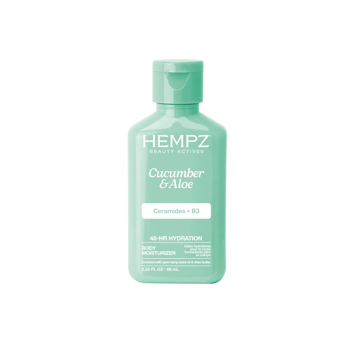 Hempz crema corporal pepino aloe, frasco frontal para hidratación diaria suave.