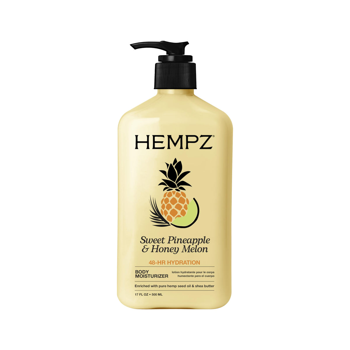 Hempz Cuerpo Loción: botella con fragancia de piña, sensación fresca.