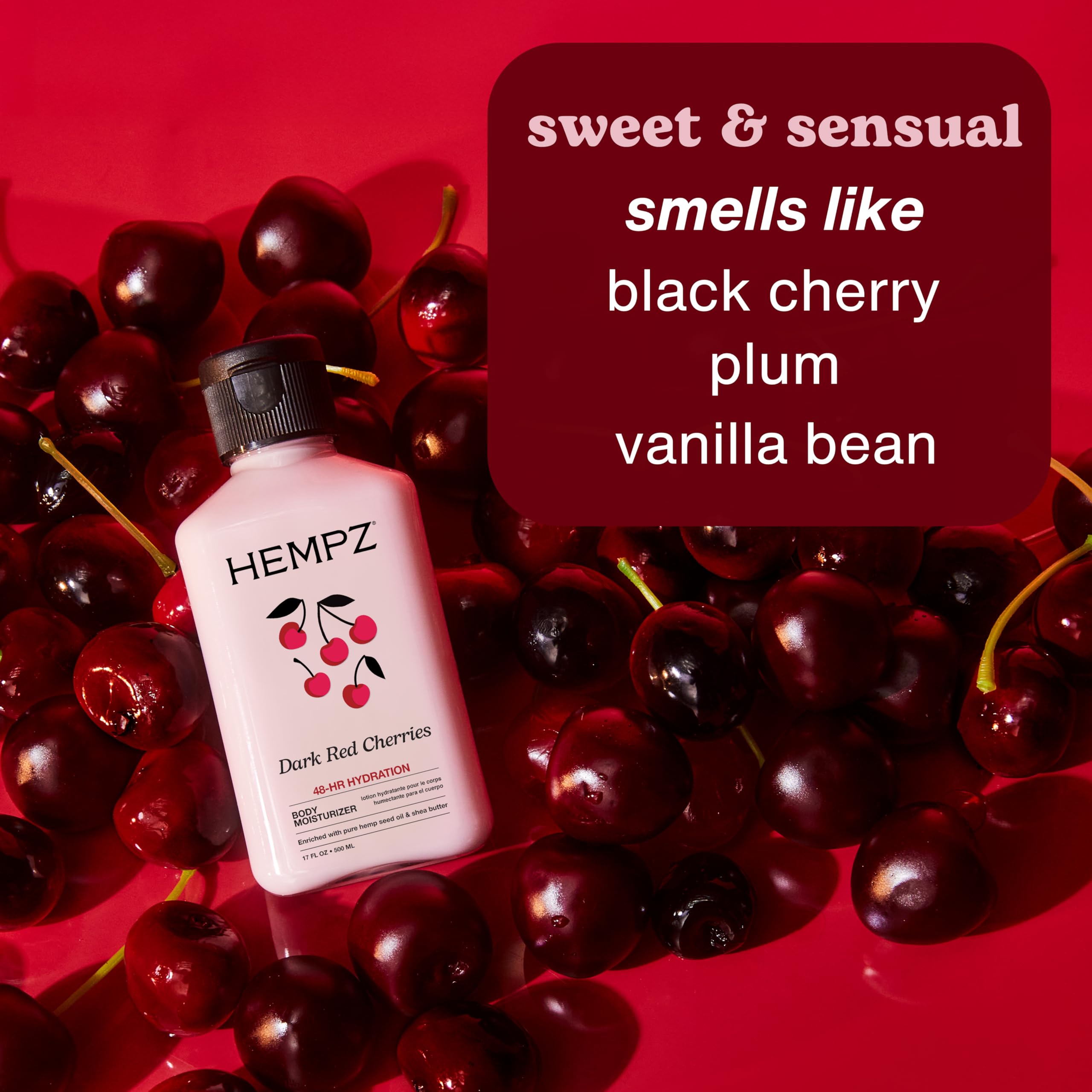 Hempz Dark Red Cherries ingredient swatch highlights antioxidant-rich formula