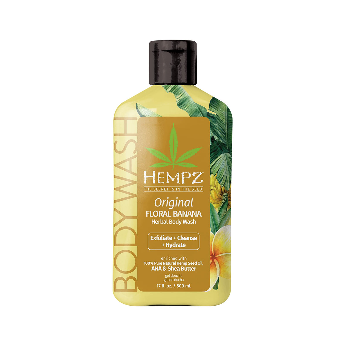 Hempz Jabon Cuerpo Original Floral Banana, botella, hidratación suave para piel sensible.