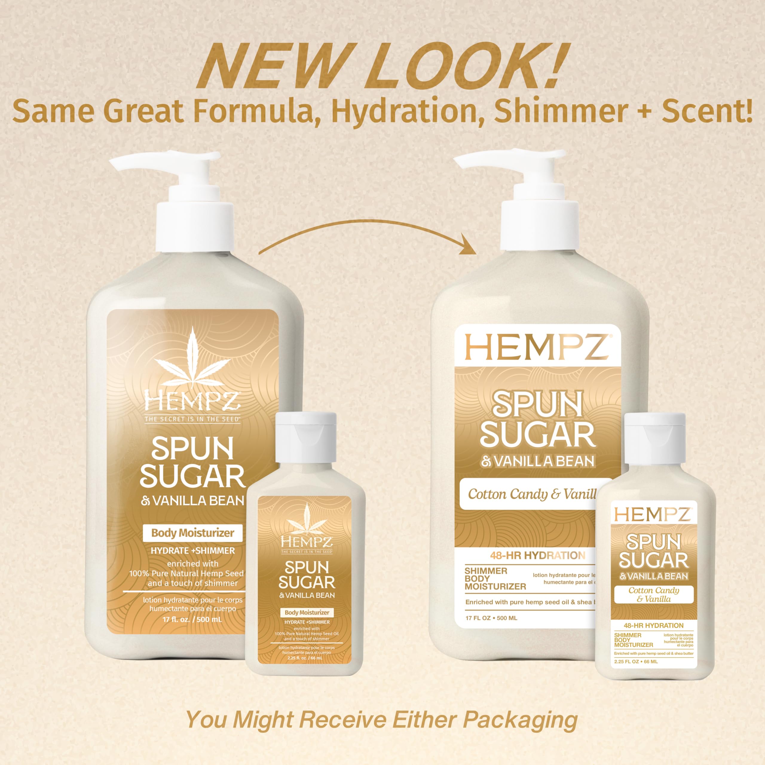 Loción corporal Hempz con aroma a algodón de azúcar, aplicación en manos suave.