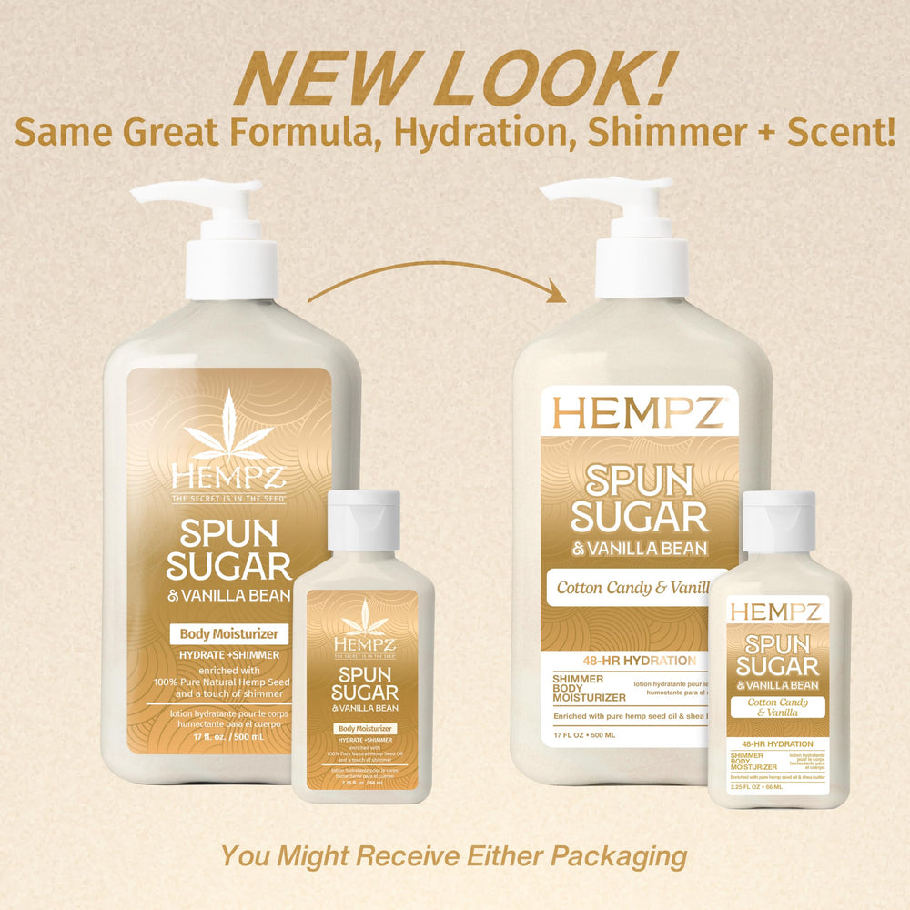 Loción corporal Hempz con aroma a algodón de azúcar, aplicación en manos suave.