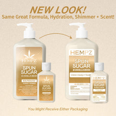 Loción corporal Hempz con aroma a algodón de azúcar, aplicación en manos suave.