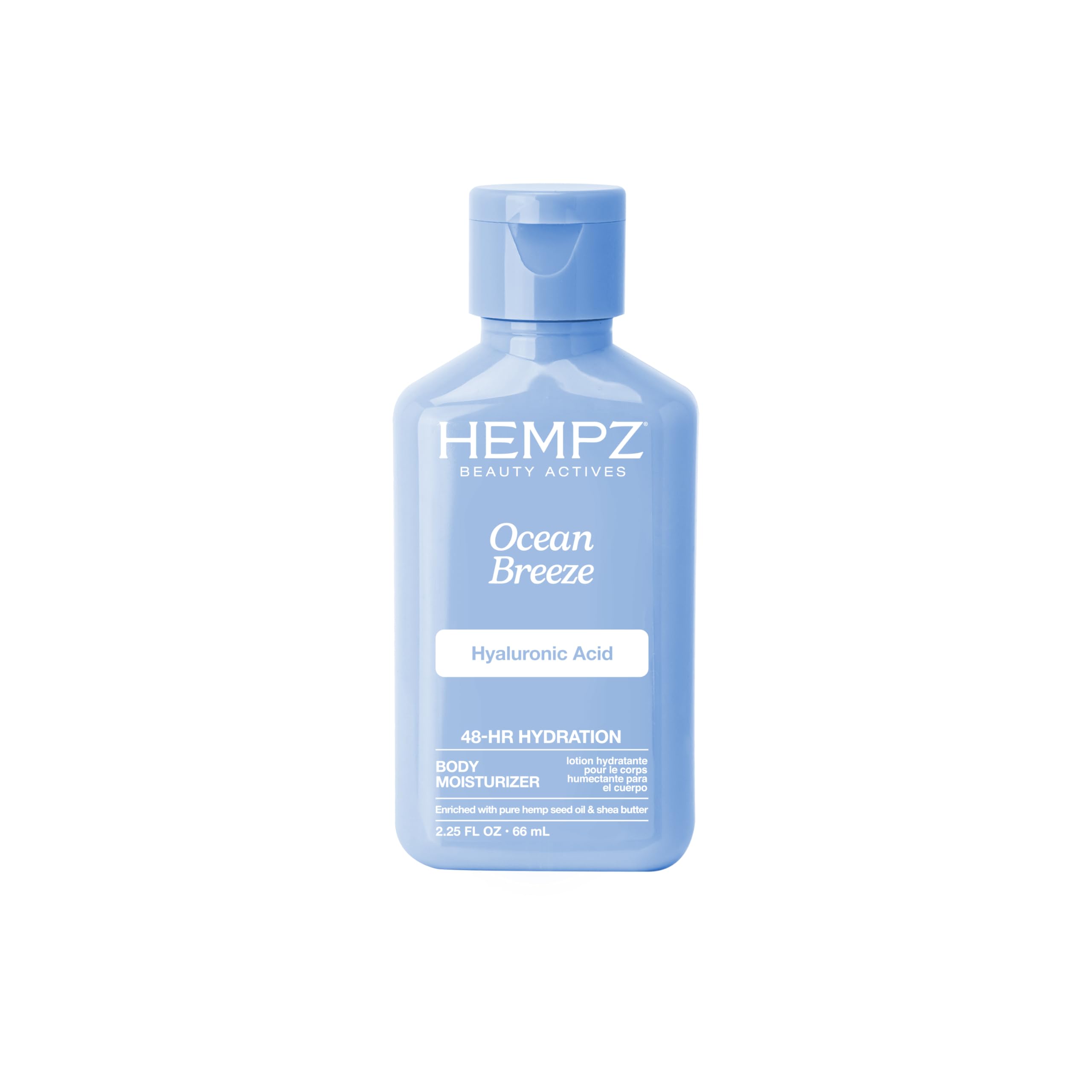 Hempz Loción corporal Ocean Breeze mini en envase, ideal para hidratación diaria.