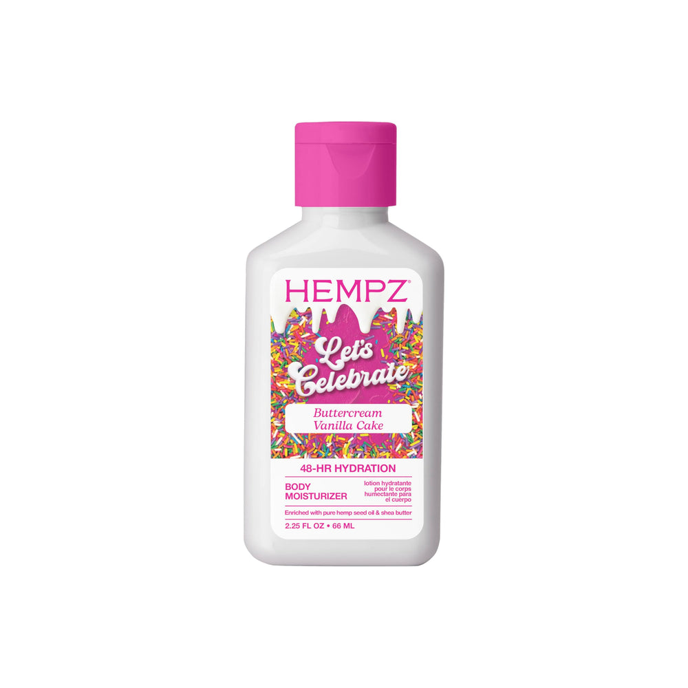 Hempz Loción corporal Pastel de vainilla con crema de mantequilla, edición limitada, formato de viaje para hidratación diaria.