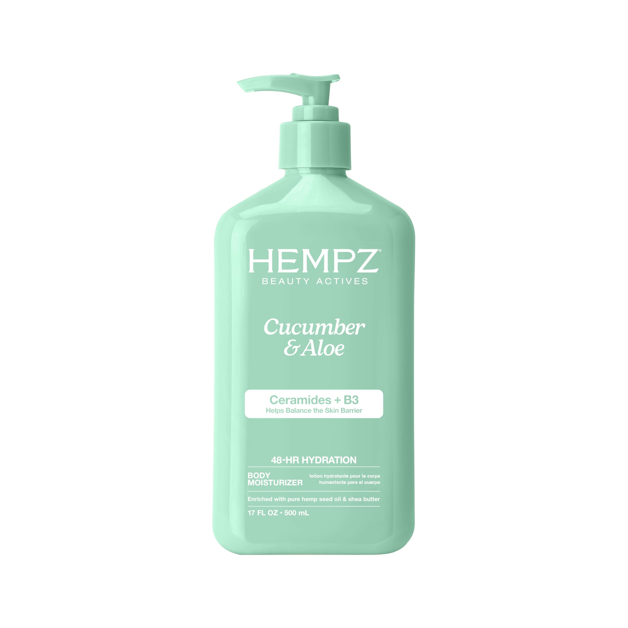 Hempz Loción Corporal Pepino y Aloe: botella lista para uso diario.
