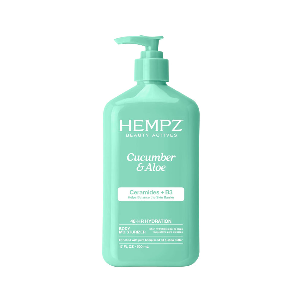 Hempz Loción Corporal Pepino y Aloe: botella lista para uso diario.