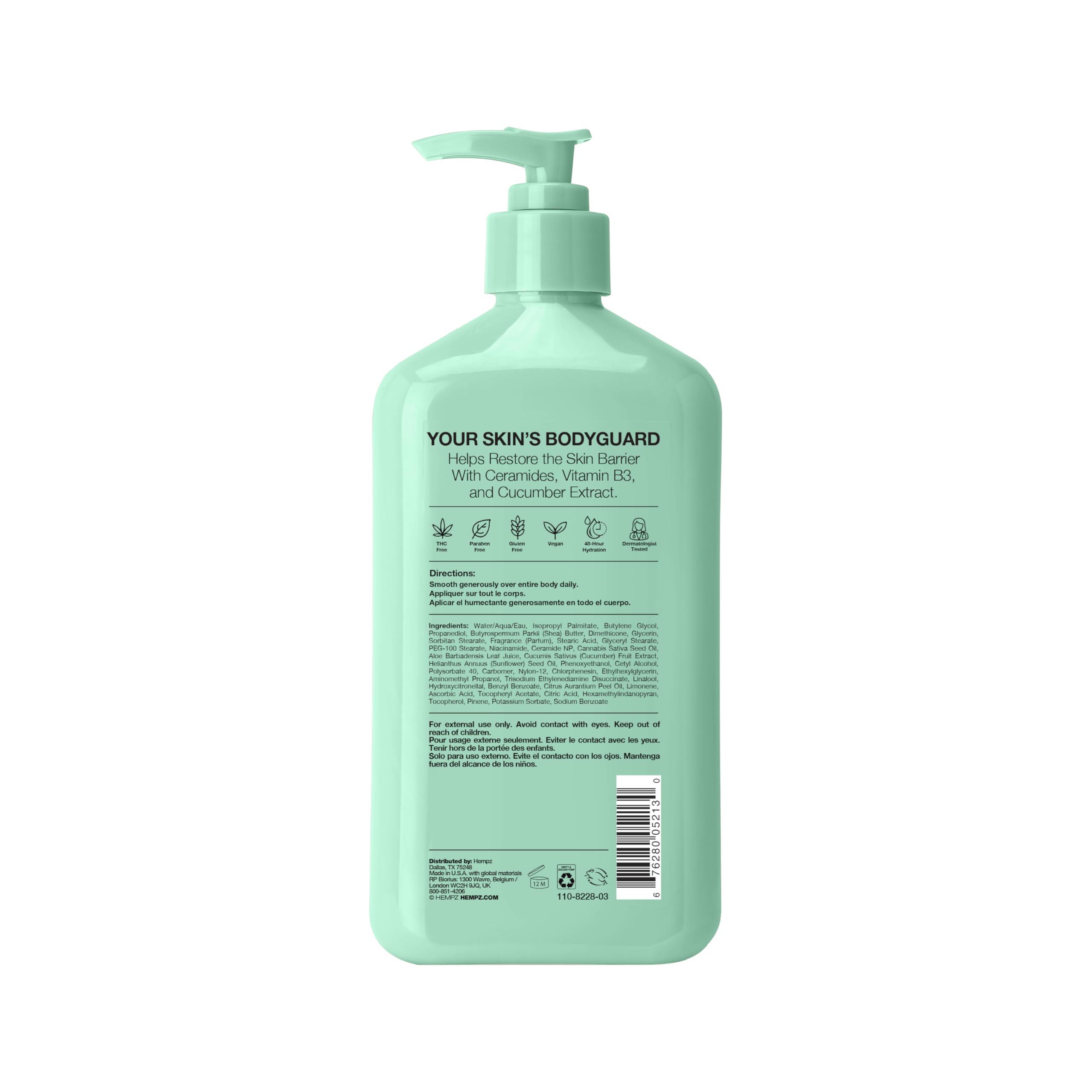 Hempz Loción Corporal Pepino y Aloe: manteca de karité para hidratación profunda.