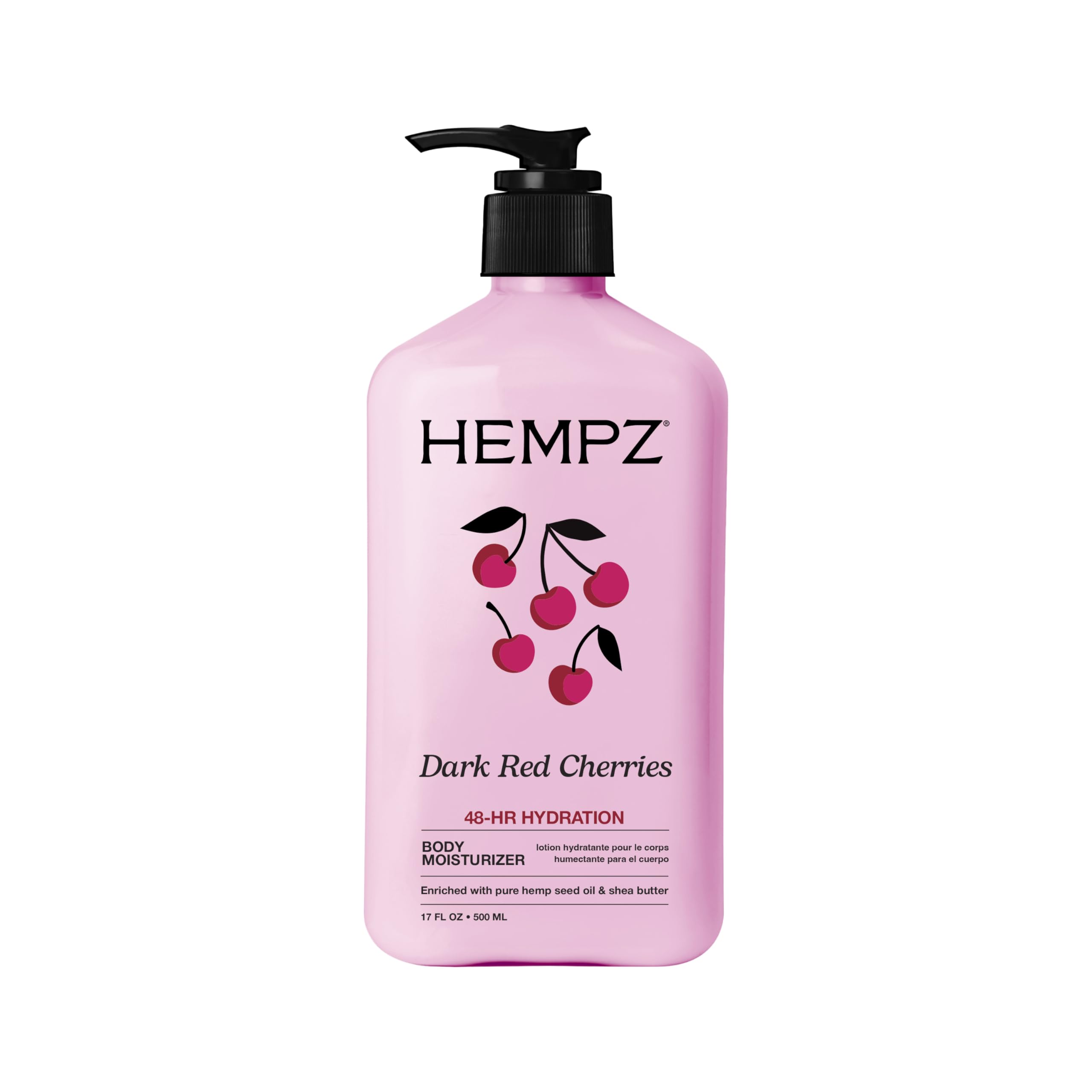 Hempz loción corporal de cereza, bote visible, hidrata piel seca durante todo el día
