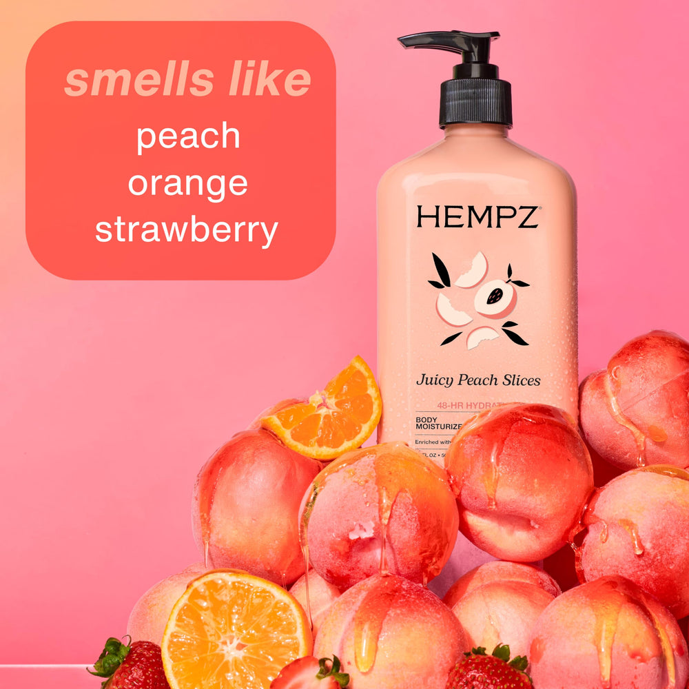 Loción Hempz Durazno Jugoso aroma frutal vigorizante.