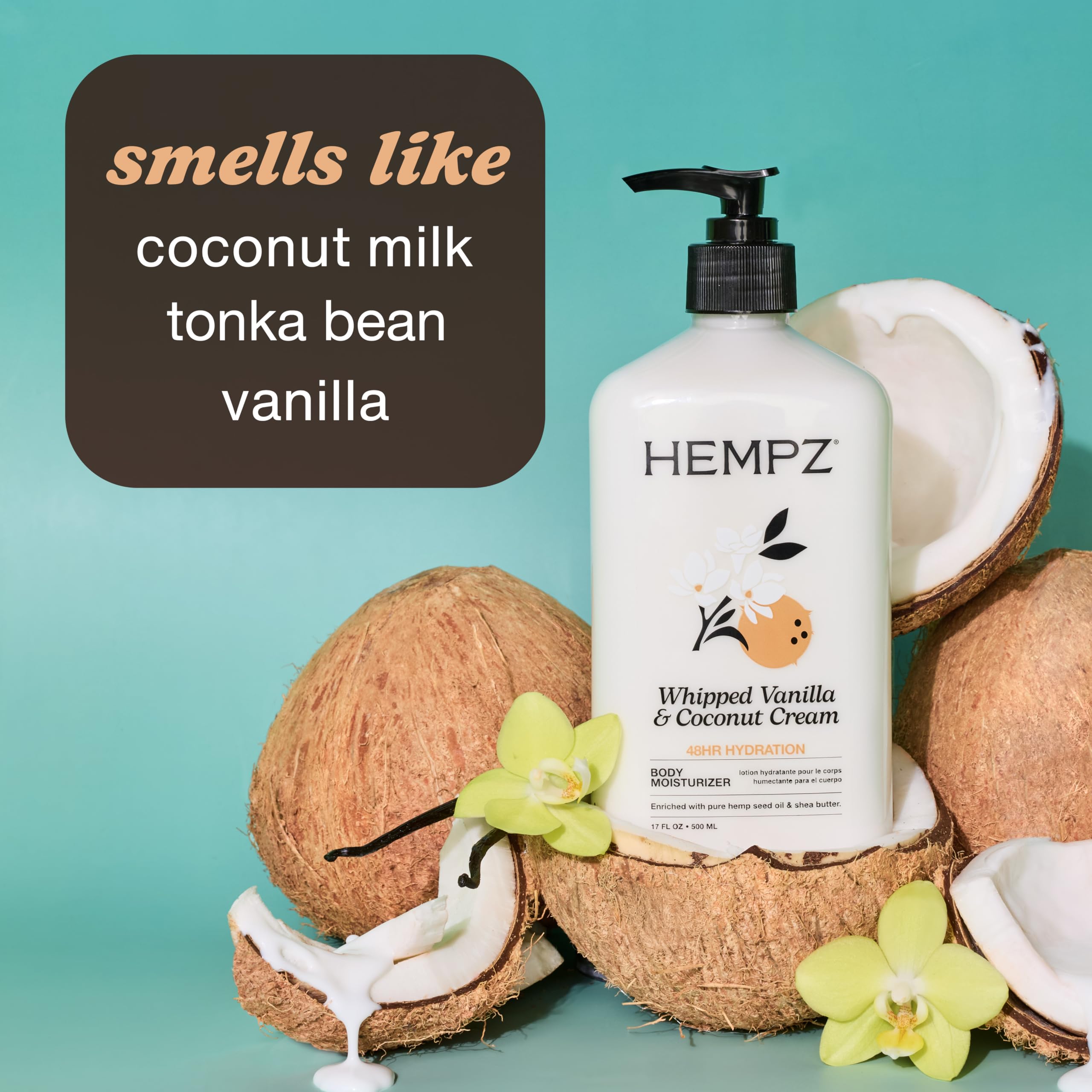Close-up of Hempz lotion ingredients like shea butter and aloe vera.