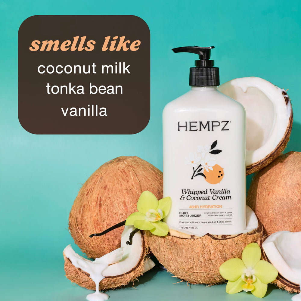 Close-up of Hempz lotion ingredients like shea butter and aloe vera.