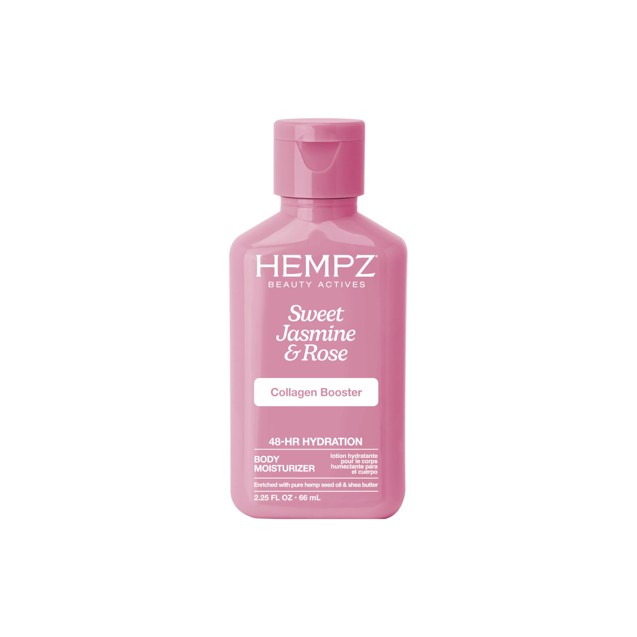 Hempz Mini Colágeno Jazmín Rosa: botella para hidratar la piel con aroma envolvente.