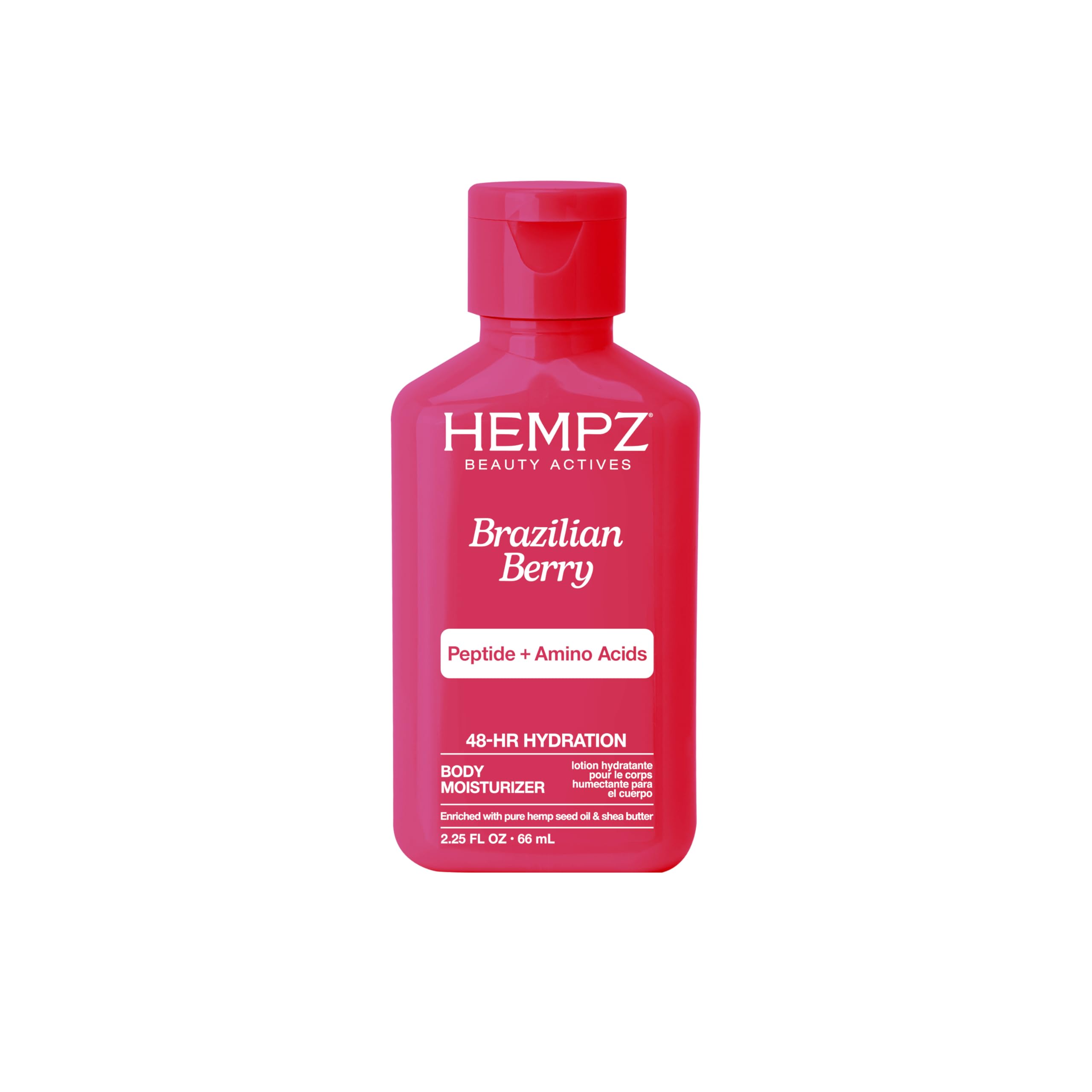 Loción Hempz Mini con bayas brasileñas en botella, hidrata la piel