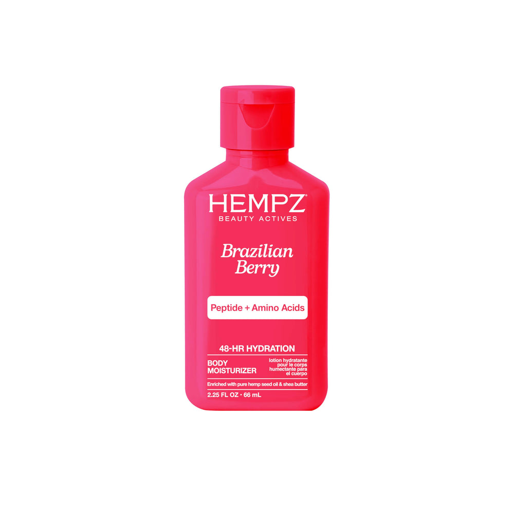 Loción Hempz Mini con bayas brasileñas en botella, hidrata la piel