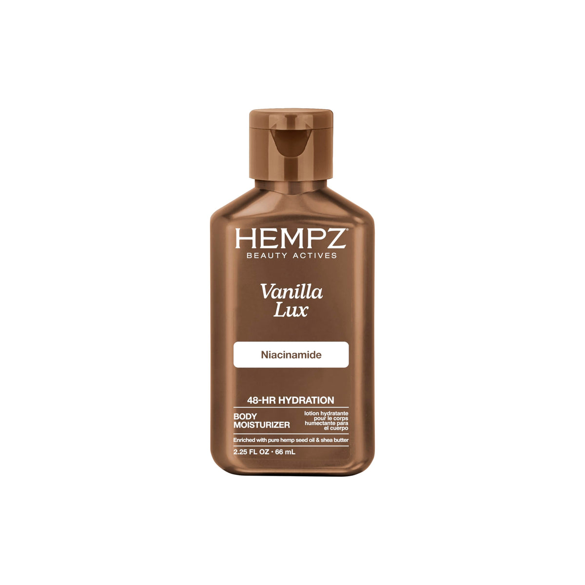 Hempz Mini Vanilla Lux crema corporal en envase, hidrata y suaviza la piel.