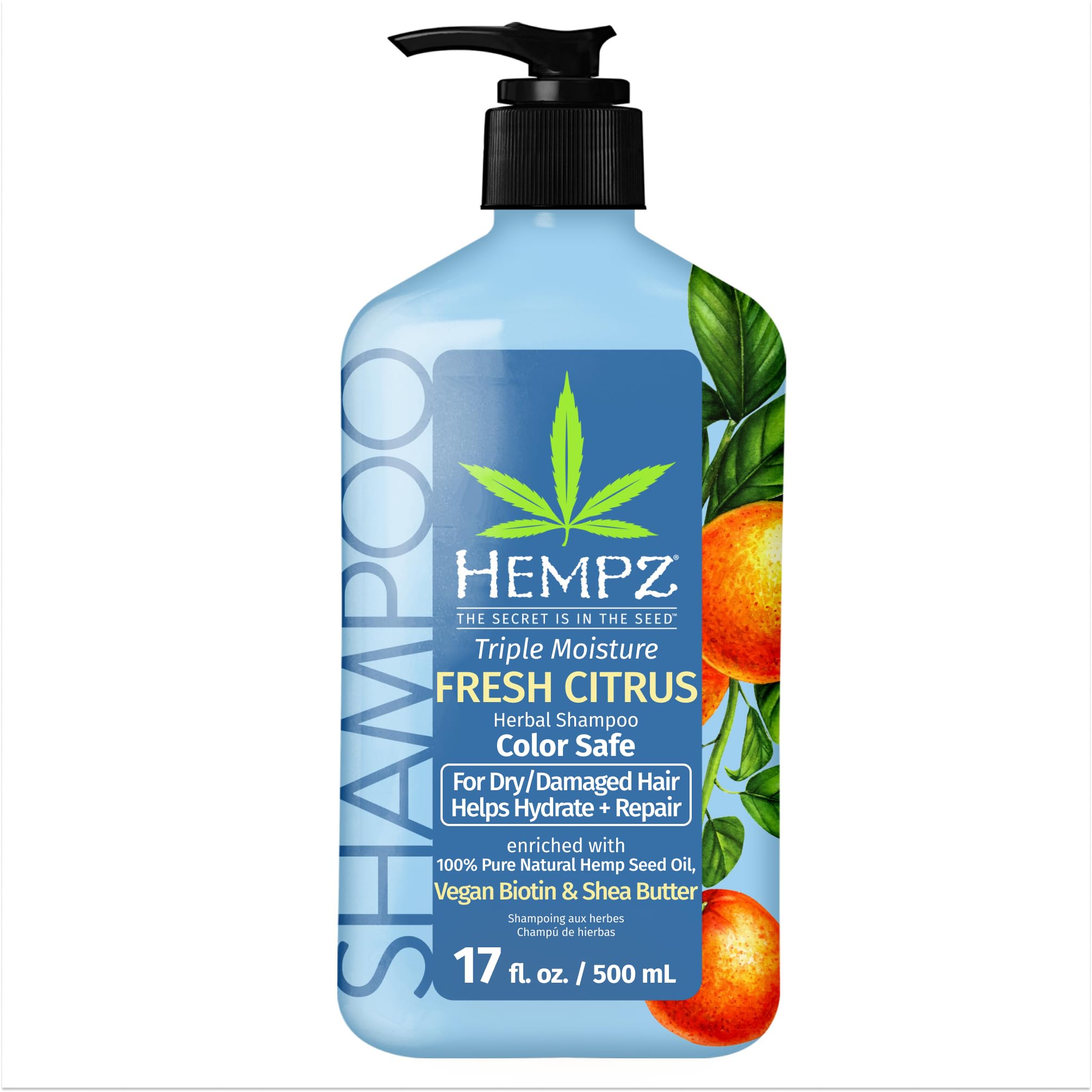 Hempz Triple Moisture shampoo bottle front for color-safe cleansing