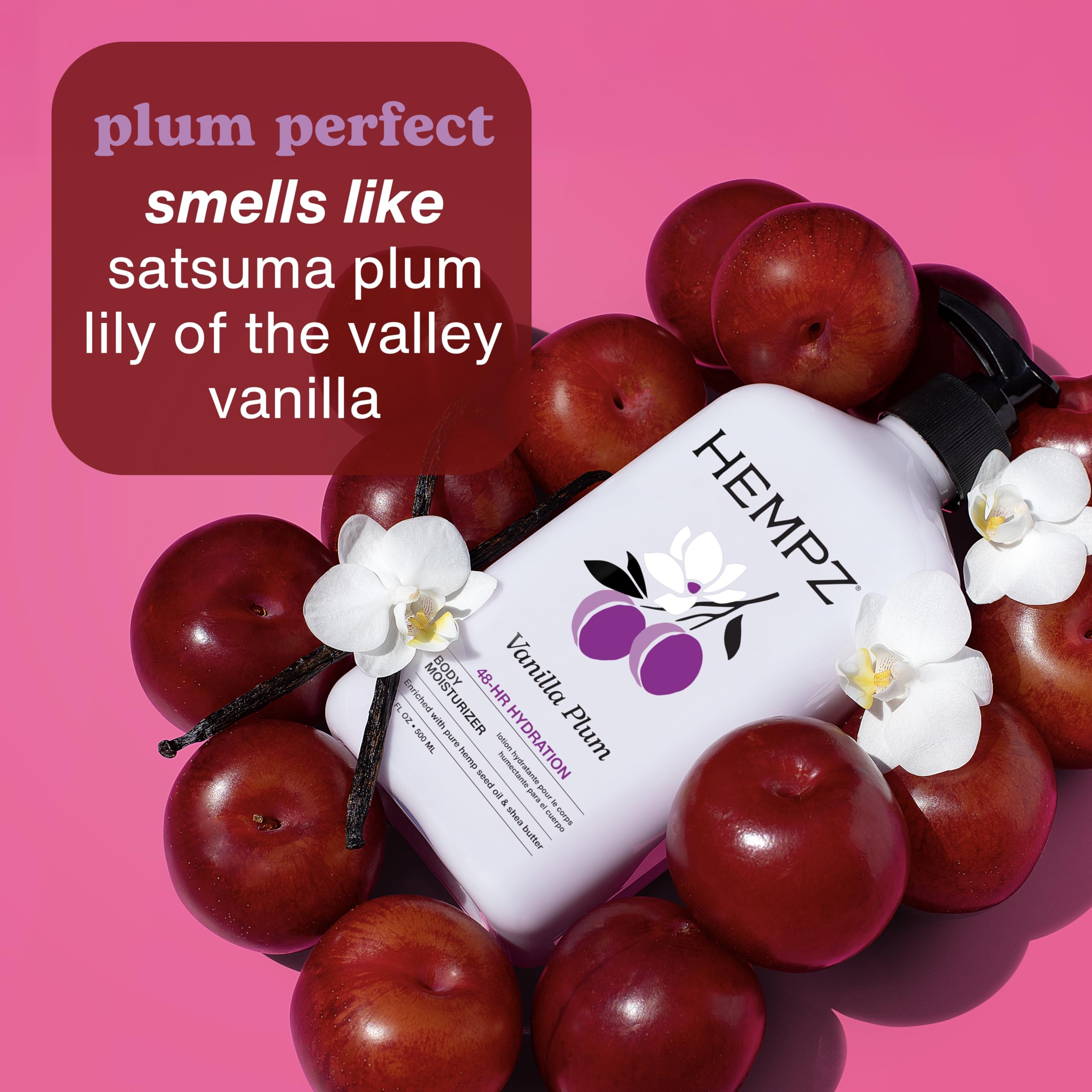 Front label of Hempz Vanilla Plum Lotion highlighting natural hemp seed and vanilla plum scent