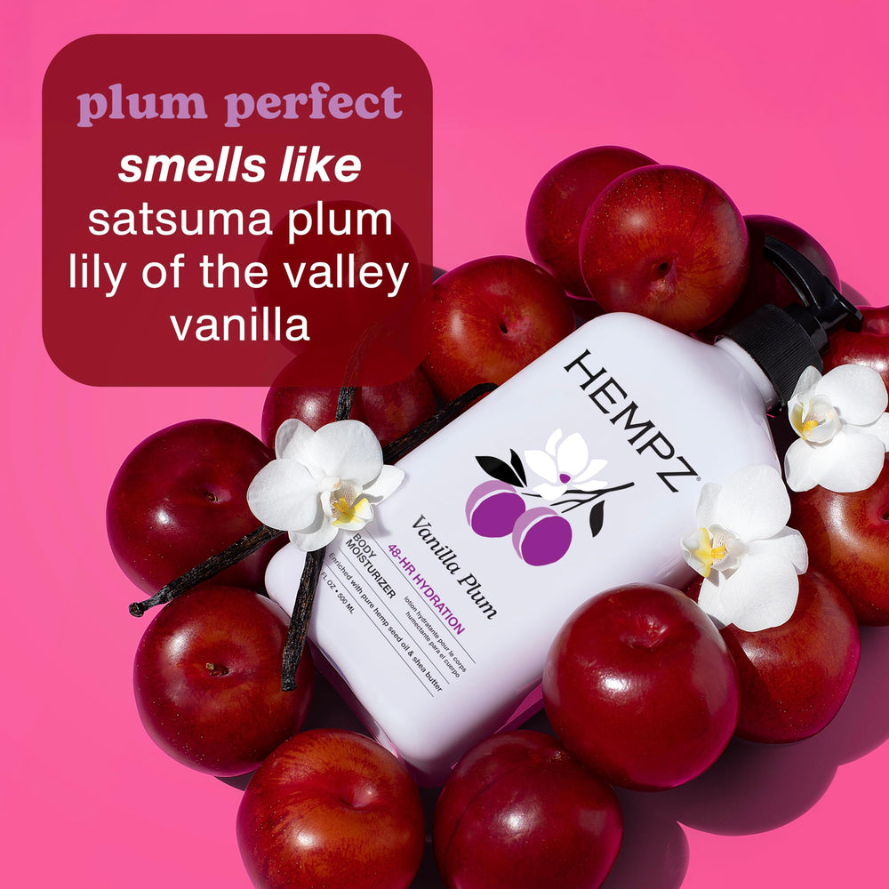 Front label of Hempz Vanilla Plum Lotion highlighting natural hemp seed and vanilla plum scent