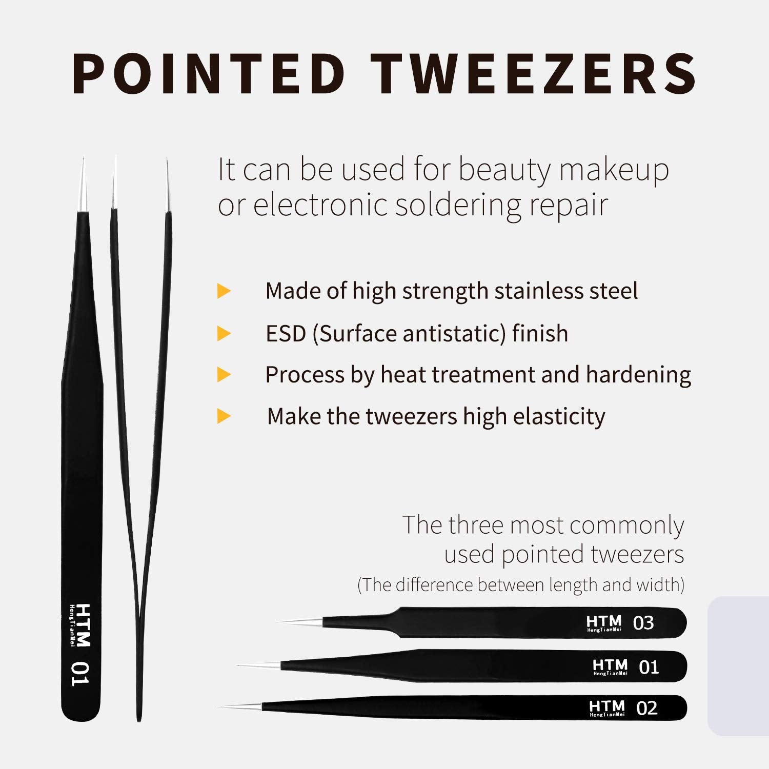 HengTianMei anti-static stainless steel tweezers for electronics and beauty work.