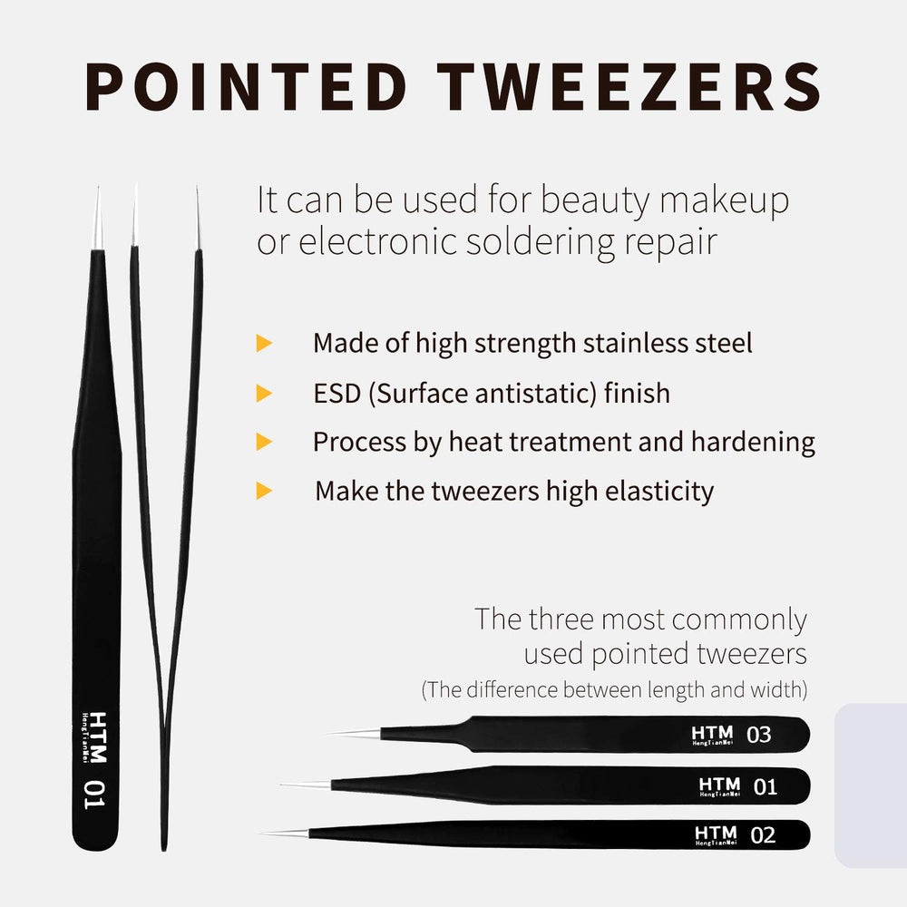 HengTianMei anti-static stainless steel tweezers for electronics and beauty work.