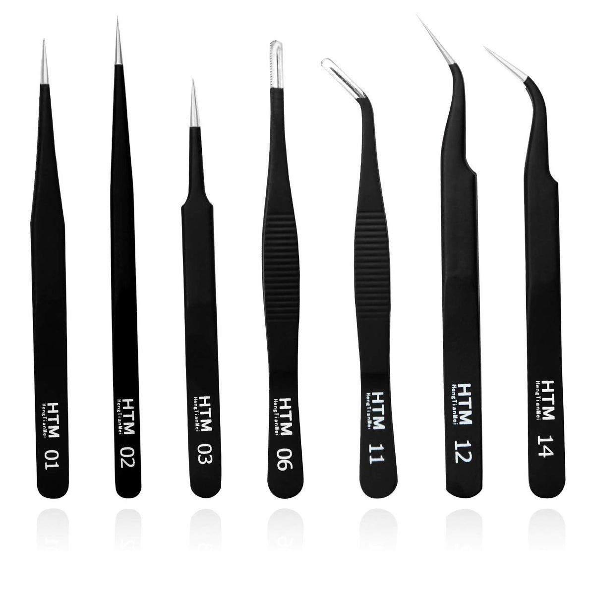 HengTianMei precision micro tweezers set; anti-static stainless steel for delicate tasks.