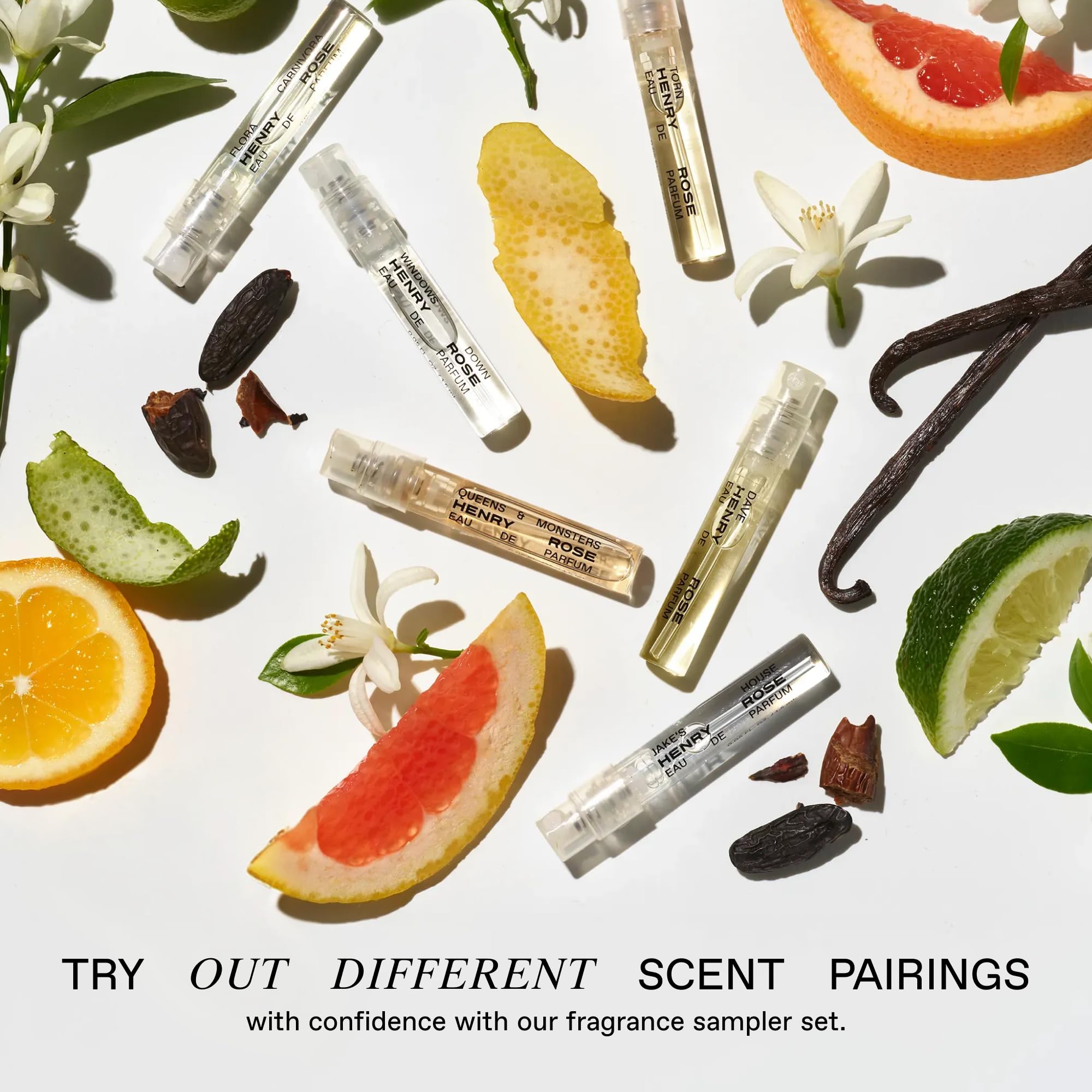 Henry Rose mini vials close-up, long-lasting fragrance in travel size.