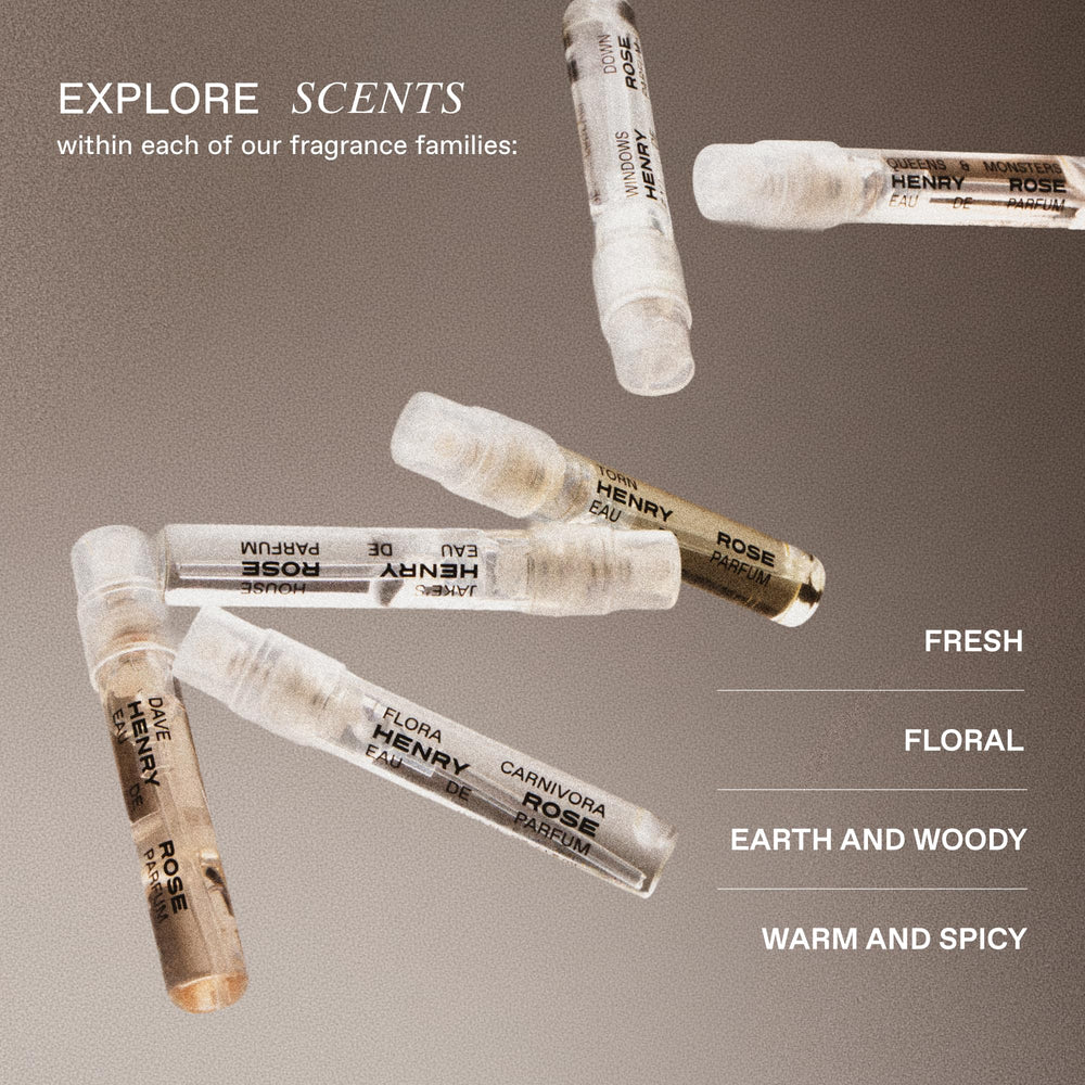 Henry Rose mini vials travel case, compact fragrance for on-the-go testing.